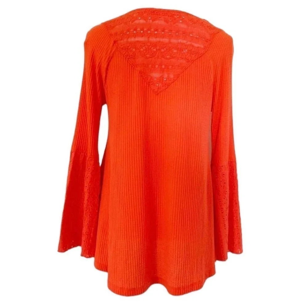 Free People NWT Boho Bell Sleeve Waffle Textured Blouse Orange Parisian Size XS